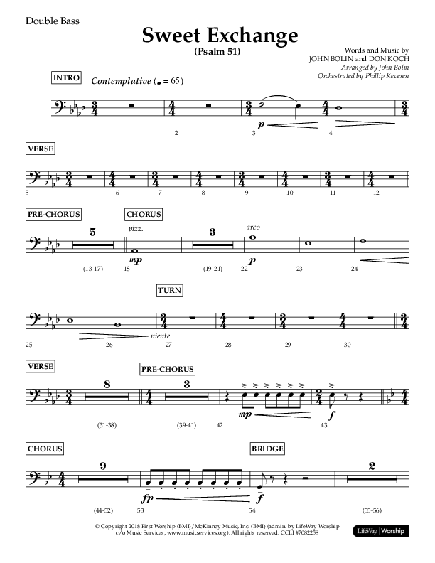 Sweet Exchange (Psalm 51) (Choral Anthem SATB) Double Bass (Lifeway Choral / Arr. John Bolin / Orch. Philip Keveren)