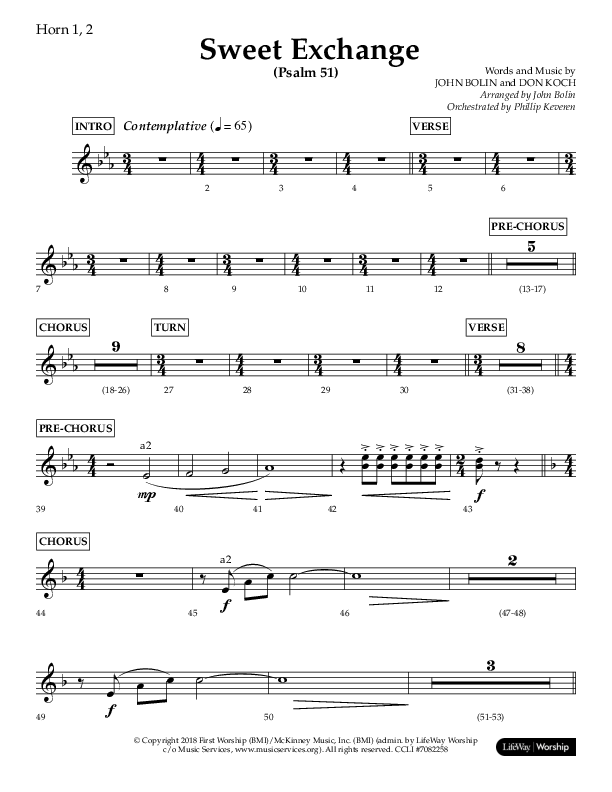 Sweet Exchange (Psalm 51) (Choral Anthem SATB) French Horn 1/2 (Lifeway Choral / Arr. John Bolin / Orch. Philip Keveren)