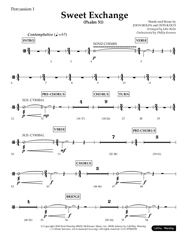 Sweet Exchange (Psalm 51) (Choral Anthem SATB) Percussion 1/2 (Lifeway Choral / Arr. John Bolin / Orch. Philip Keveren)