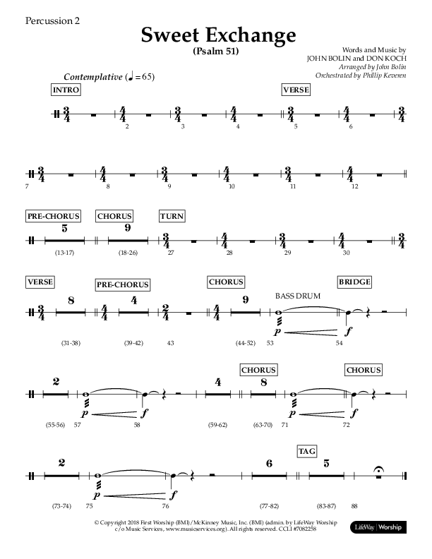 Sweet Exchange (Psalm 51) (Choral Anthem SATB) Percussion 1/2 (Lifeway Choral / Arr. John Bolin / Orch. Philip Keveren)