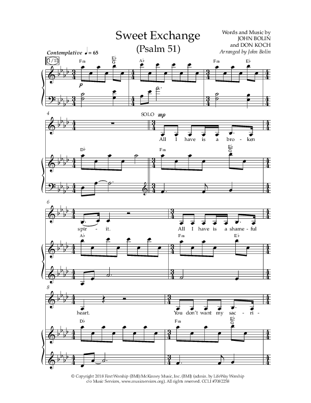Sweet Exchange (Psalm 51) (Choral Anthem SATB) Anthem (SATB/Piano) (Lifeway Choral / Arr. John Bolin / Orch. Philip Keveren)
