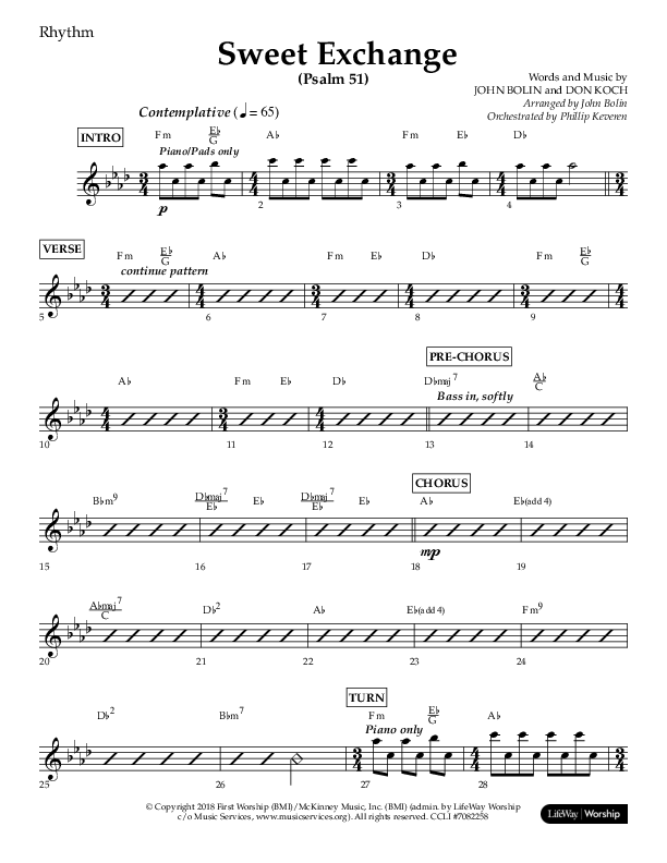 Sweet Exchange (Psalm 51) (Choral Anthem SATB) Rhythm Chart (Lifeway Choral / Arr. John Bolin / Orch. Phillip Keveren)