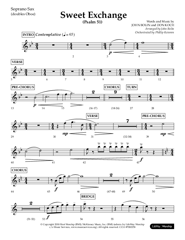 Sweet Exchange (Psalm 51) (Choral Anthem SATB) Soprano Sax (Lifeway Choral / Arr. John Bolin / Orch. Phillip Keveren)