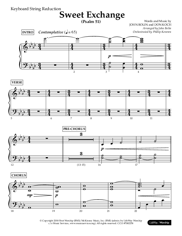 Sweet Exchange (Psalm 51) (Choral Anthem SATB) String Reduction (Lifeway Choral / Arr. John Bolin / Orch. Phillip Keveren)