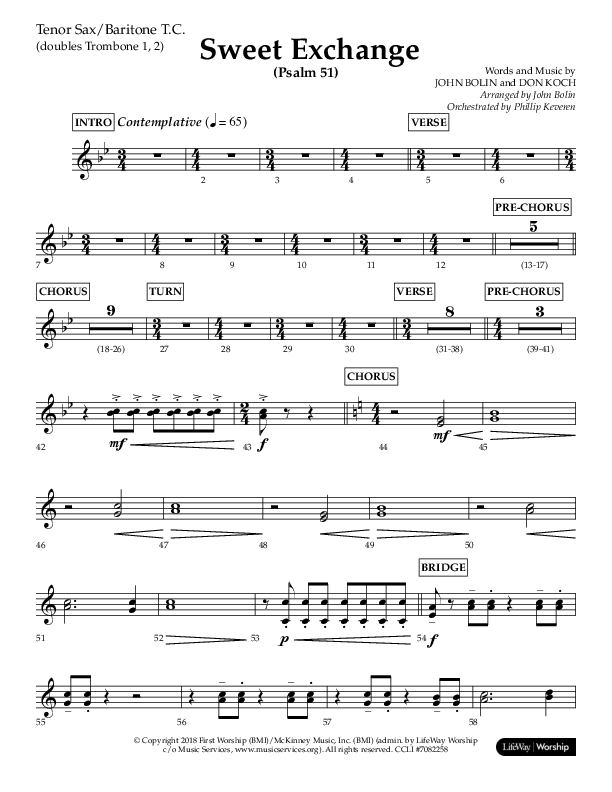 Sweet Exchange (Psalm 51) (Choral Anthem SATB) Tenor Sax/Baritone T.C. (Lifeway Choral / Arr. John Bolin / Orch. Phillip Keveren)