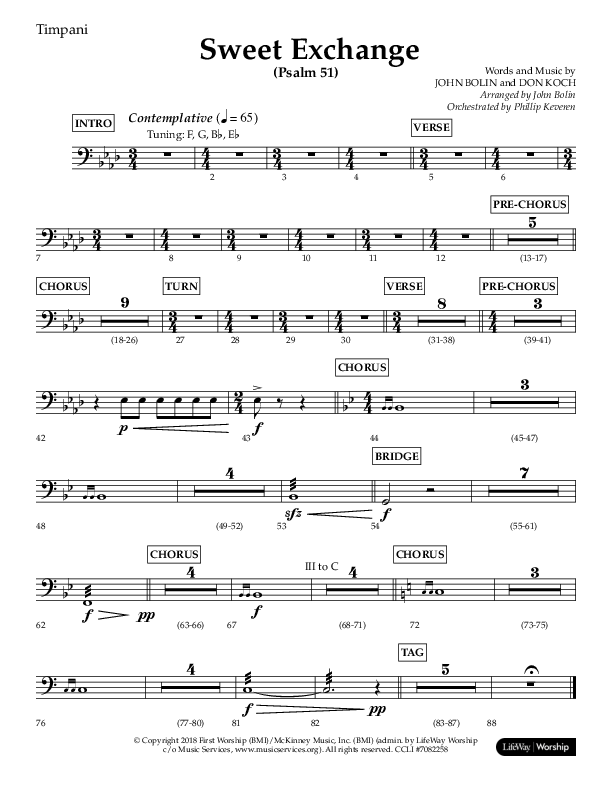 Sweet Exchange (Psalm 51) (Choral Anthem SATB) Timpani (Lifeway Choral / Arr. John Bolin / Orch. Philip Keveren)