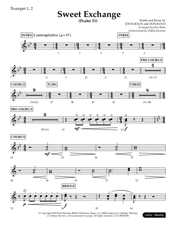 Sweet Exchange (Psalm 51) (Choral Anthem SATB) Trumpet 1,2 (Lifeway Choral / Arr. John Bolin / Orch. Phillip Keveren)