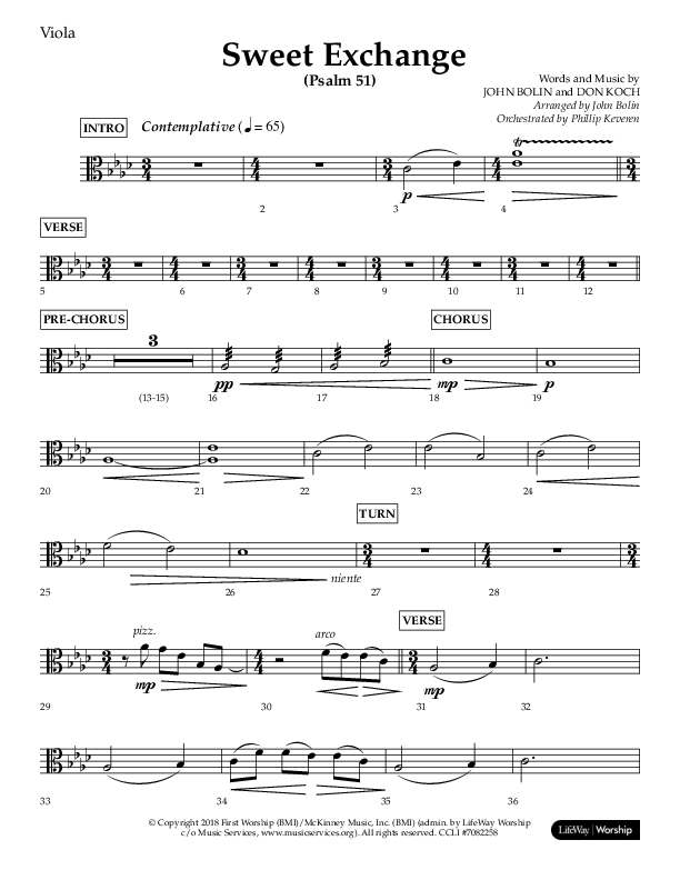 Sweet Exchange (Psalm 51) (Choral Anthem SATB) Viola (Lifeway Choral / Arr. John Bolin / Orch. Phillip Keveren)