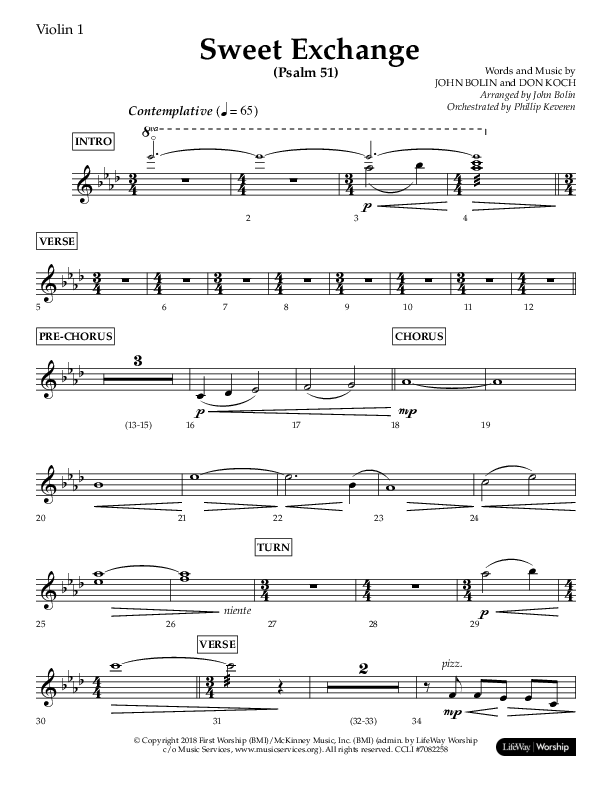 Sweet Exchange (Psalm 51) (Choral Anthem SATB) Violin 1 (Lifeway Choral / Arr. John Bolin / Orch. Phillip Keveren)