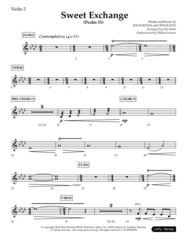 Sweet Exchange (Psalm 51) (Choral Anthem SATB) Violin 2 (Lifeway Choral / Arr. John Bolin / Orch. Phillip Keveren)