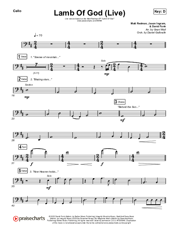 Lamb Of God (Live) Cello (Matt Redman / David Funk)