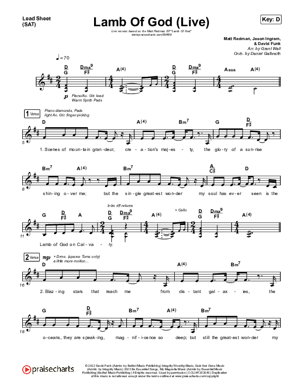 Lamb Of God (Live) Lead Sheet (SAT) (Matt Redman / David Funk)