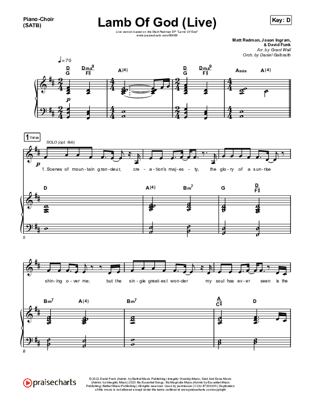 Lamb Of God (Live) Piano/Vocal Pack (Matt Redman / David Funk)