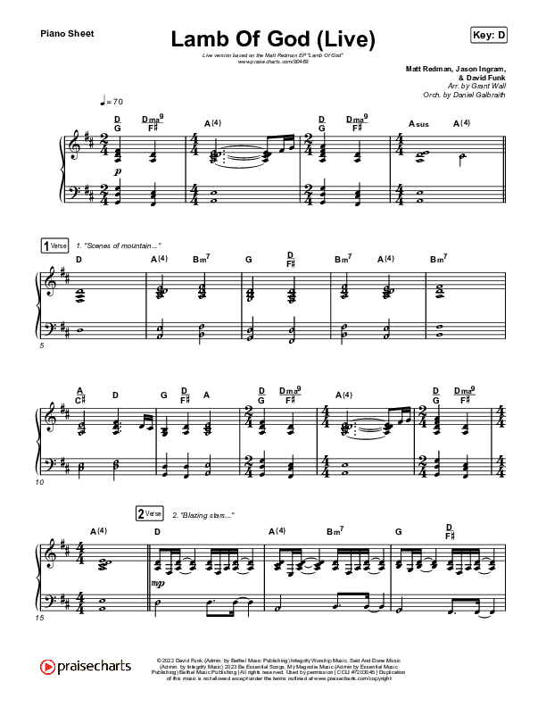 Lamb Of God (Live) Piano Sheet (Matt Redman / David Funk)
