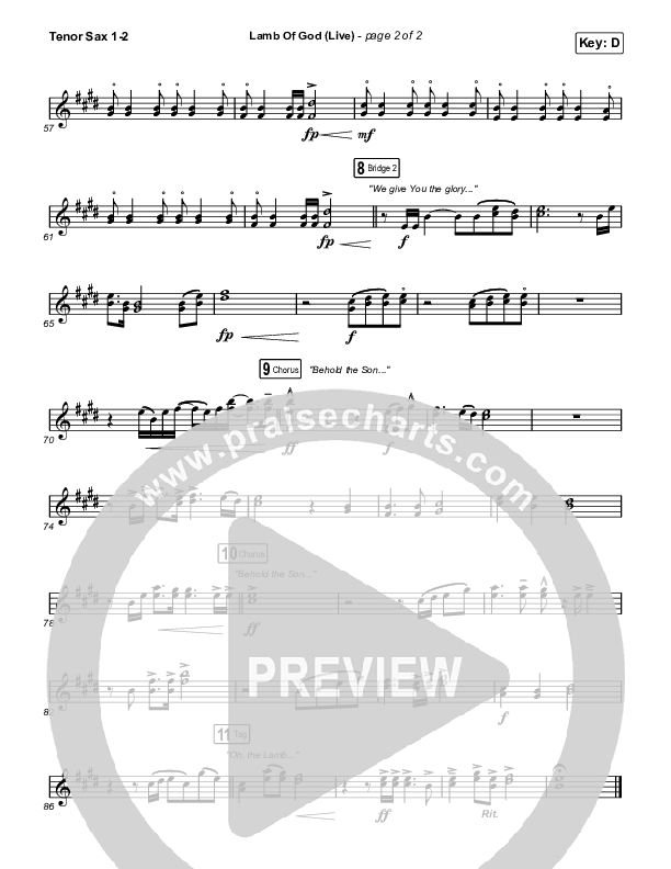 Lamb Of God (Live) Tenor Sax 1,2 (Matt Redman / David Funk)