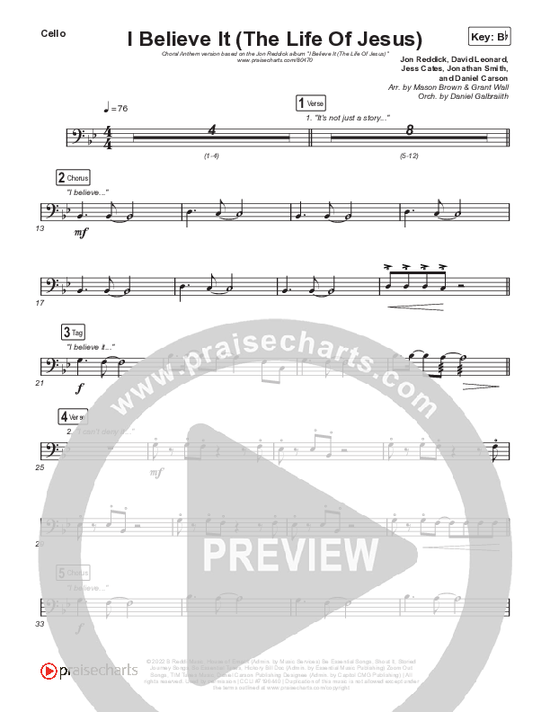 I Believe It (The Life Of Jesus) (Choral Anthem SATB) Cello (Jon Reddick / Arr. Mason Brown)