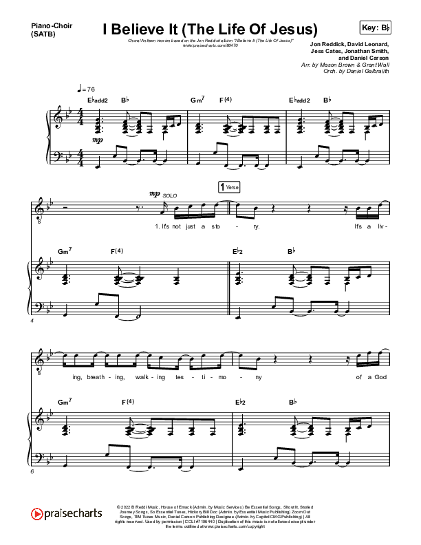 I Believe It (The Life Of Jesus) (Choral Anthem SATB) Piano/Vocal (SATB) (Jon Reddick / Arr. Mason Brown)
