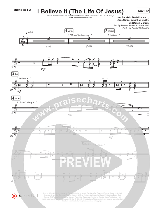 I Believe It (The Life Of Jesus) (Choral Anthem SATB) Tenor Sax 1,2 (Jon Reddick / Arr. Mason Brown)
