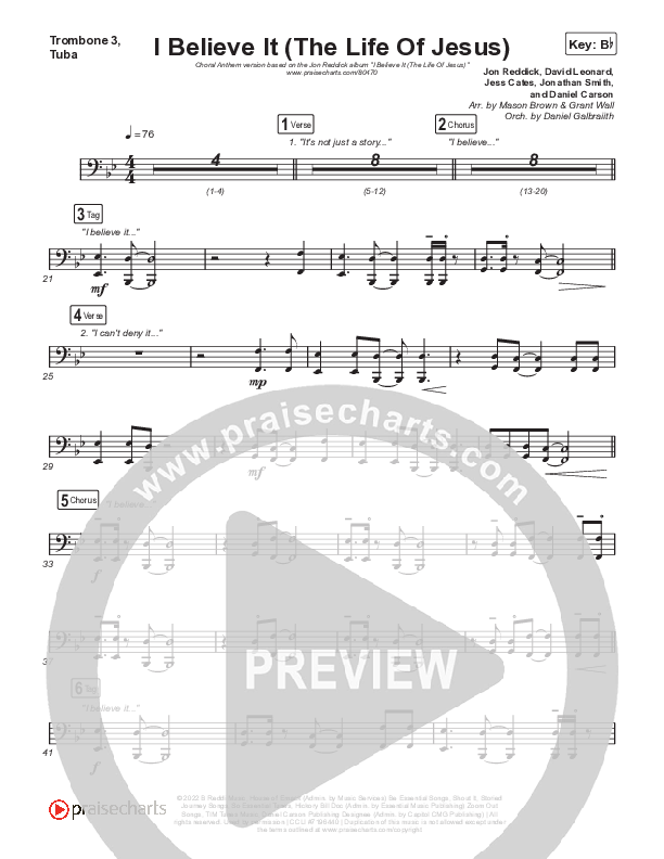 I Believe It (The Life Of Jesus) (Choral Anthem SATB) Trombone 3/Tuba (Jon Reddick / Arr. Mason Brown)