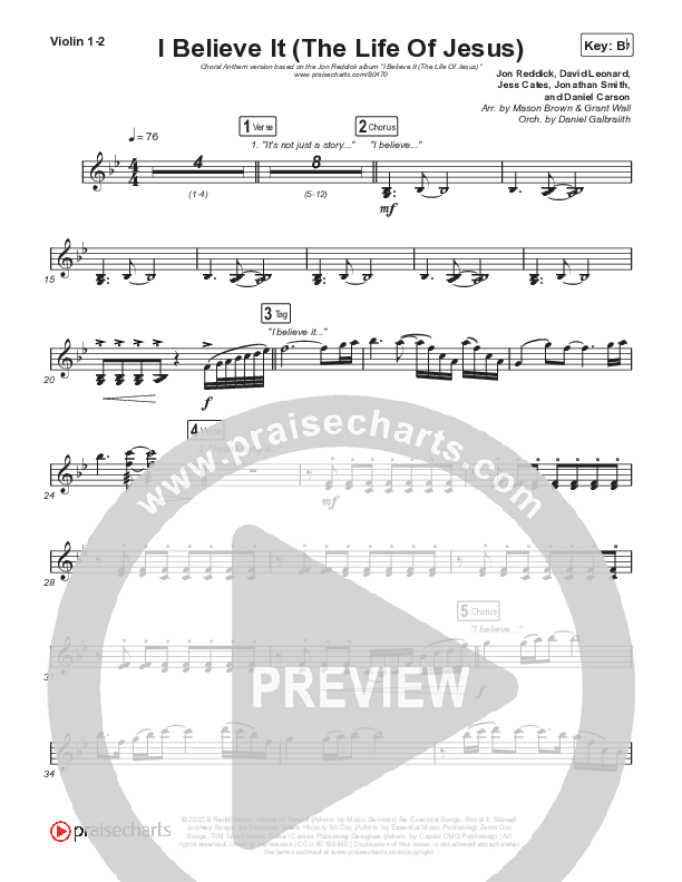 I Believe It (The Life Of Jesus) (Choral Anthem SATB) Violin 1,2 (Jon Reddick / Arr. Mason Brown)