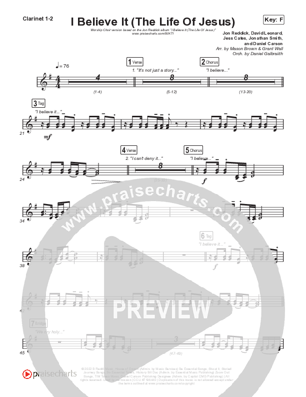 I Believe It (The Life Of Jesus) (Worship Choir/SAB) Clarinet 1/2 (Jon Reddick / Arr. Mason Brown)