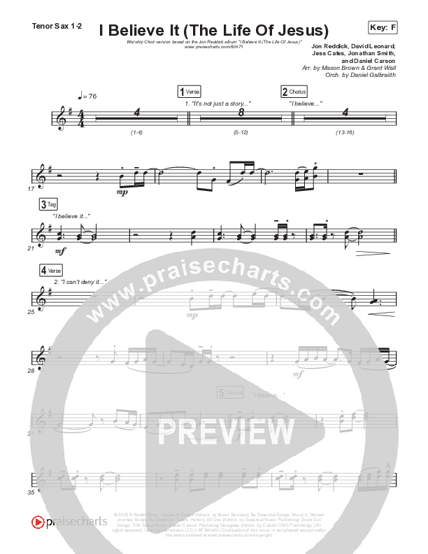 I Believe It (The Life Of Jesus) (Worship Choir/SAB) Tenor Sax 1/2 (Jon Reddick / Arr. Mason Brown)