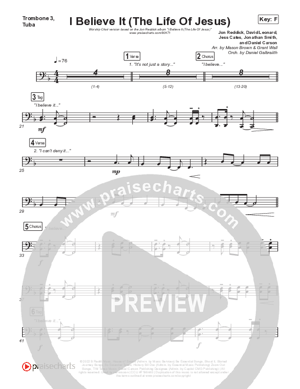 I Believe It (The Life Of Jesus) (Worship Choir/SAB) Trombone 3/Tuba (Jon Reddick / Arr. Mason Brown)