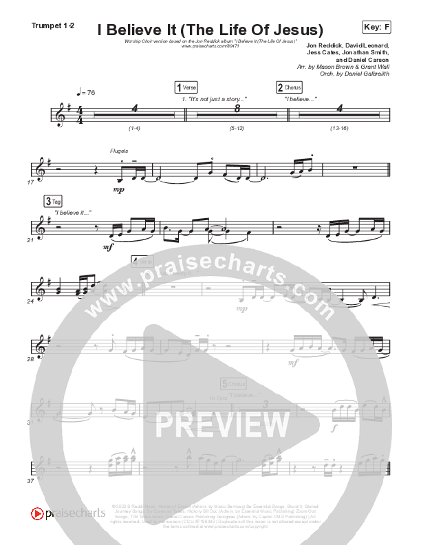 I Believe It (The Life Of Jesus) (Worship Choir/SAB) Trumpet 1,2 (Jon Reddick / Arr. Mason Brown)