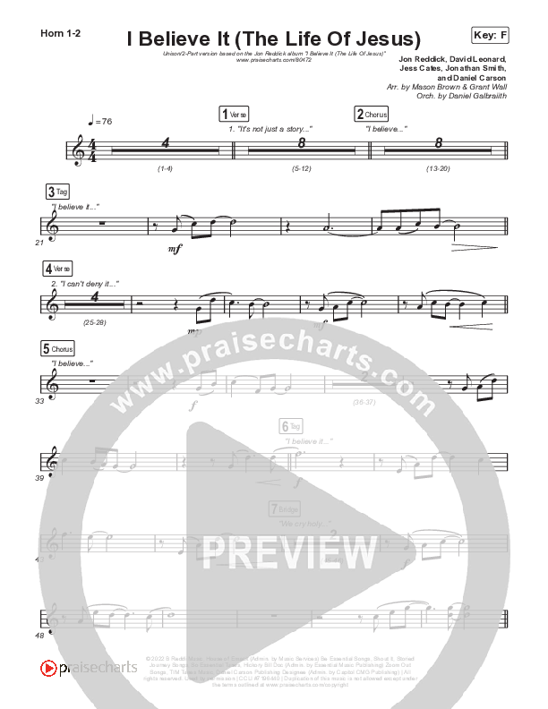 I Believe It (The Life Of Jesus) (Unison/2-Part) French Horn 1/2 (Jon Reddick / Arr. Mason Brown)