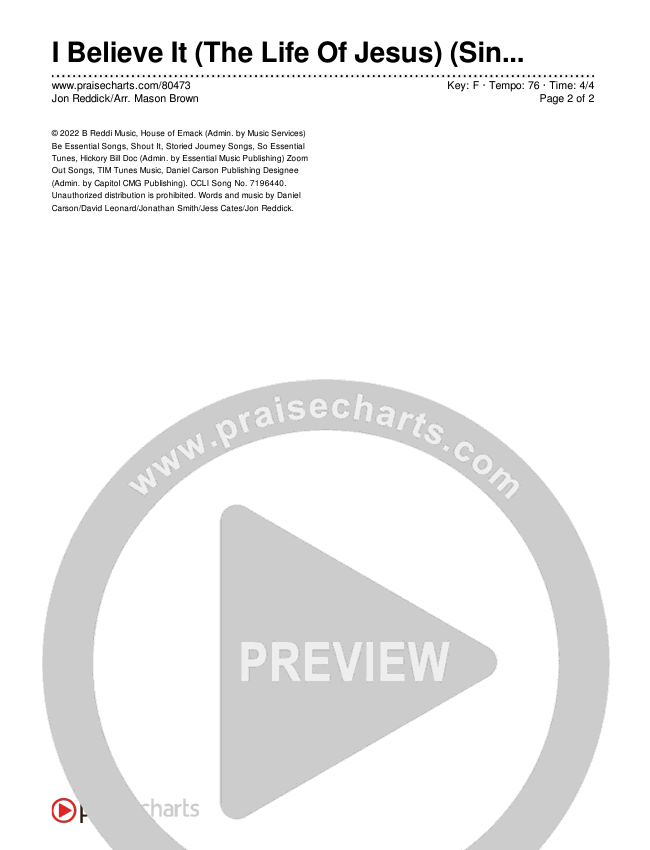 I Believe It (The Life Of Jesus) (Sing It Now) Chords & Lyrics (Jon Reddick / Arr. Mason Brown)