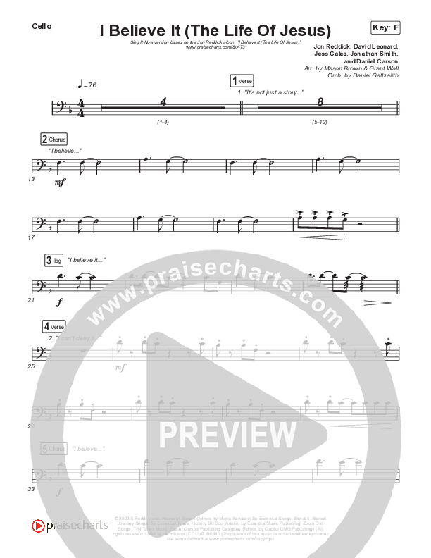 I Believe It (The Life Of Jesus) (Sing It Now) Cello (Jon Reddick / Arr. Mason Brown)