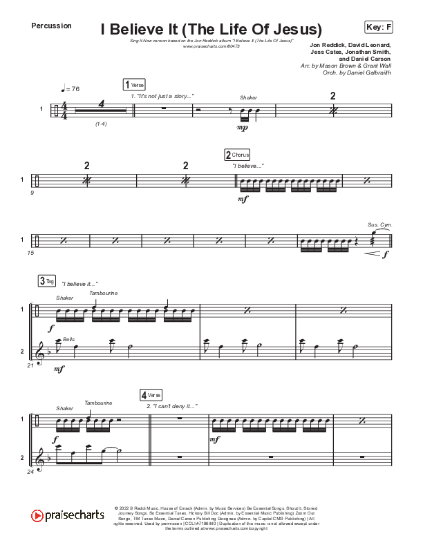 I Believe It (The Life Of Jesus) (Sing It Now) Percussion (Jon Reddick / Arr. Mason Brown)