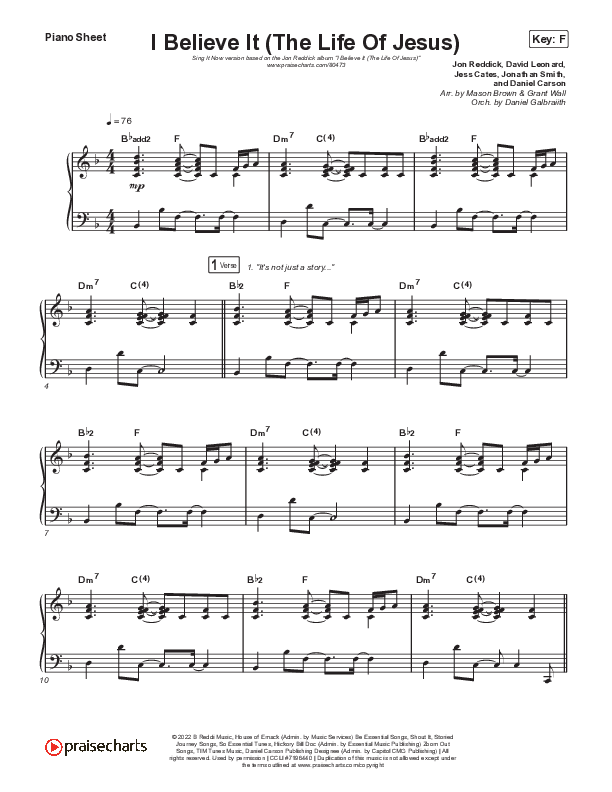 I Believe It (The Life Of Jesus) (Sing It Now) Piano Sheet (Jon Reddick / Arr. Mason Brown)