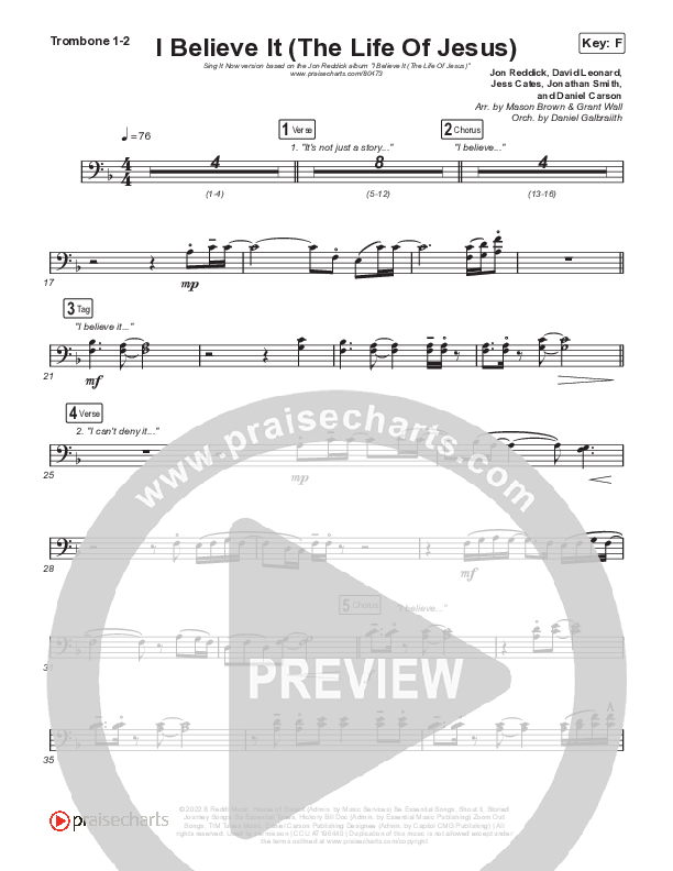 I Believe It (The Life Of Jesus) (Sing It Now) Trombone 1/2 (Jon Reddick / Arr. Mason Brown)