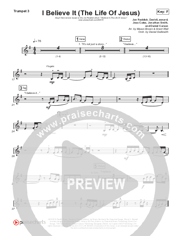 I Believe It (The Life Of Jesus) (Sing It Now) Trumpet 3 (Jon Reddick / Arr. Mason Brown)