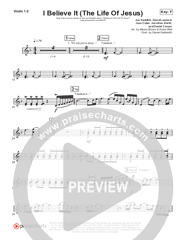 I Believe It (The Life Of Jesus) (Sing It Now) Violin 1/2 (Jon Reddick / Arr. Mason Brown)
