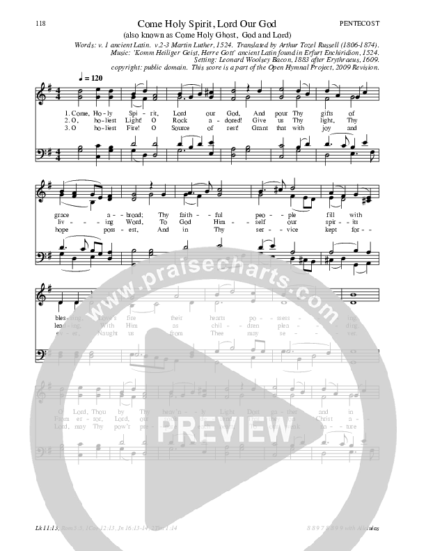 Come Holy Spirit Lord Our God Hymn Sheet (SATB) (Traditional Hymn)