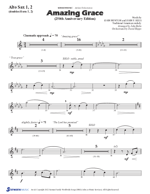 Amazing Grace (250th Anniversary Edition) (Choral Anthem SATB) Alto Sax 1/2 (Semsen Music / Arr. John Bolin / Orch. David Shipps)