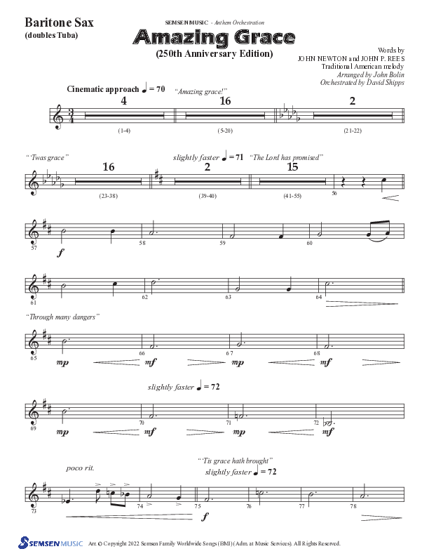 Amazing Grace (250th Anniversary Edition) (Choral Anthem SATB) Bari Sax (Semsen Music / Arr. John Bolin / Orch. David Shipps)