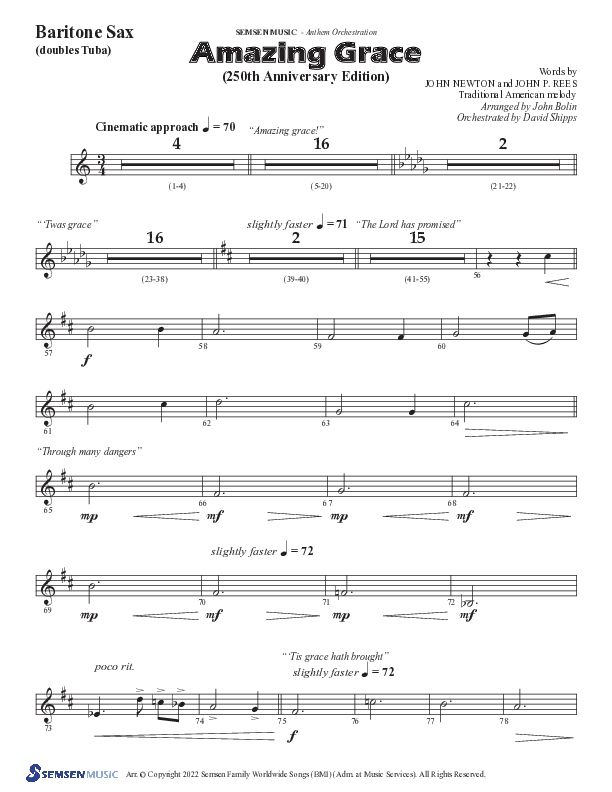 Amazing Grace (250th Anniversary Edition) (Choral Anthem SATB) Bari Sax (Semsen Music / Arr. John Bolin / Orch. David Shipps)