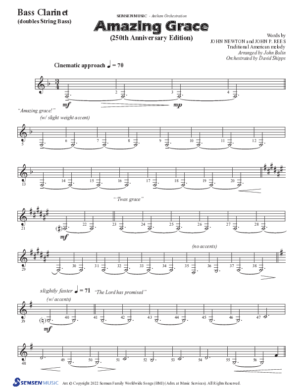 Amazing Grace (250th Anniversary Edition) (Choral Anthem SATB) Bass Clarinet (Semsen Music / Arr. John Bolin / Orch. David Shipps)