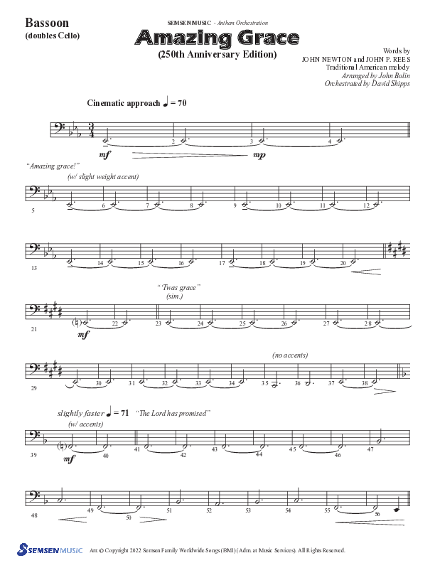 Amazing Grace (250th Anniversary Edition) (Choral Anthem SATB) Bassoon (Semsen Music / Arr. John Bolin / Orch. David Shipps)