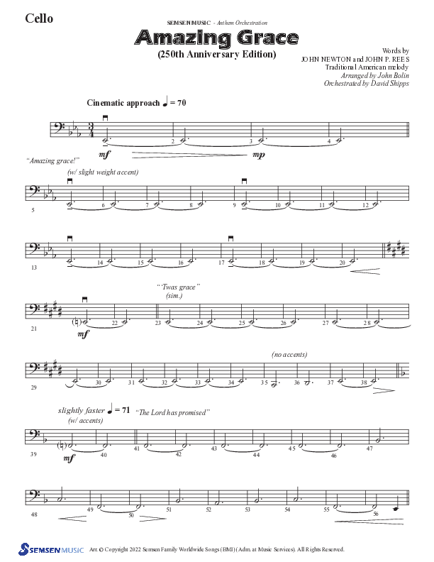 Amazing Grace (250th Anniversary Edition) (Choral Anthem SATB) Cello (Semsen Music / Arr. John Bolin / Orch. David Shipps)