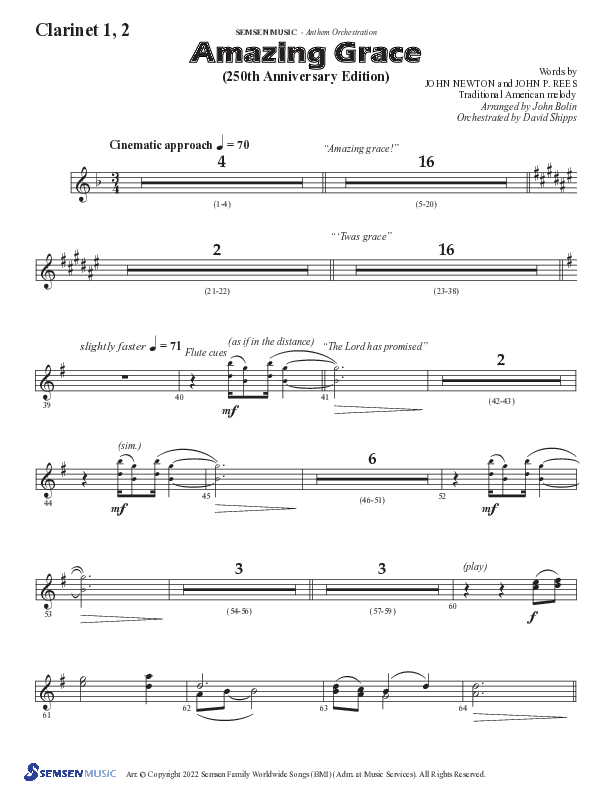 Amazing Grace (250th Anniversary Edition) (Choral Anthem SATB) Clarinet 1/2 (Semsen Music / Arr. John Bolin / Orch. David Shipps)