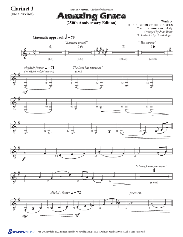 Amazing Grace (250th Anniversary Edition) (Choral Anthem SATB) Clarinet 3 (Semsen Music / Arr. John Bolin / Orch. David Shipps)