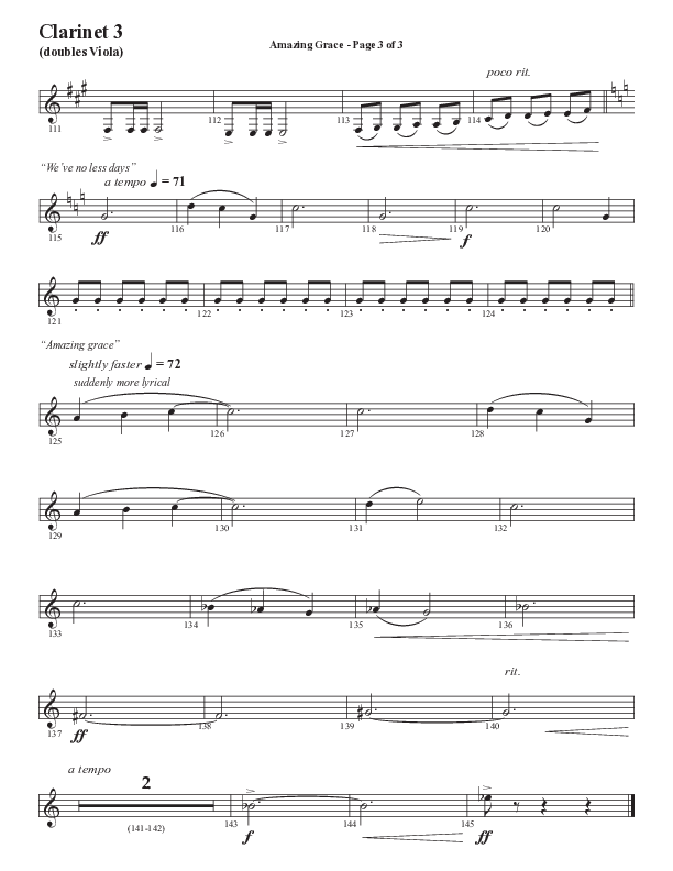 Amazing Grace (250th Anniversary Edition) (Choral Anthem SATB) Clarinet 3 (Semsen Music / Arr. John Bolin / Orch. David Shipps)