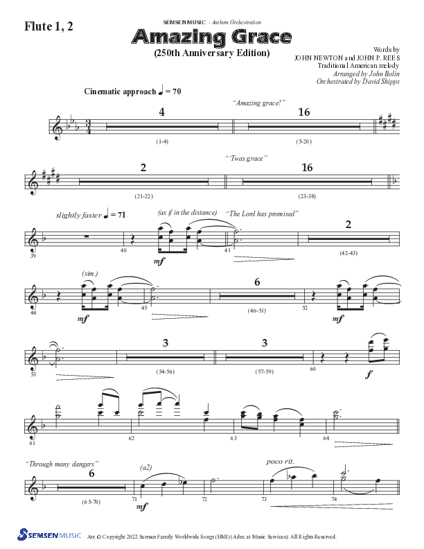 Amazing Grace (250th Anniversary Edition) (Choral Anthem SATB) Flute 1/2 (Semsen Music / Arr. John Bolin / Orch. David Shipps)