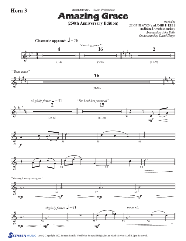 Amazing Grace (250th Anniversary Edition) (Choral Anthem SATB) French Horn 3 (Semsen Music / Arr. John Bolin / Orch. David Shipps)