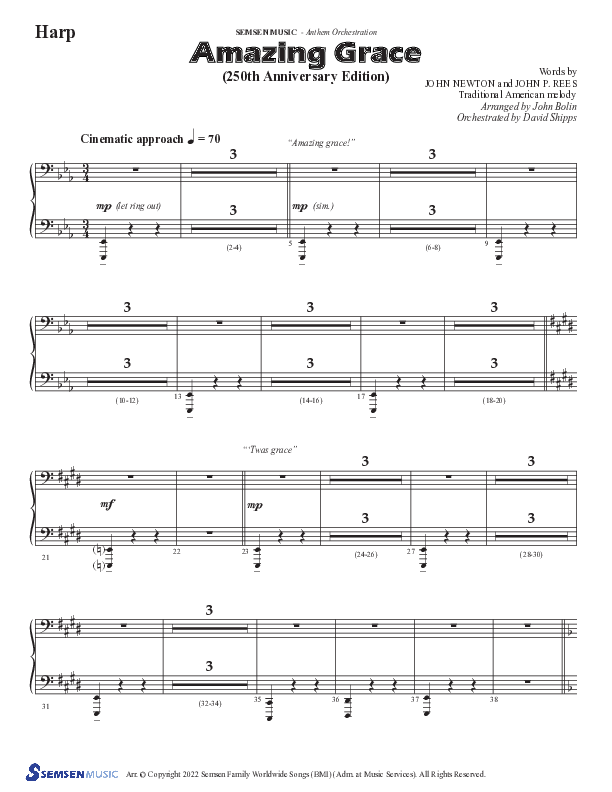 Amazing Grace (250th Anniversary Edition) (Choral Anthem SATB) Harp (Semsen Music / Arr. John Bolin / Orch. David Shipps)
