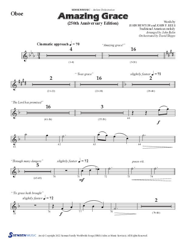 Amazing Grace (250th Anniversary Edition) (Choral Anthem SATB) Oboe (Semsen Music / Arr. John Bolin / Orch. David Shipps)